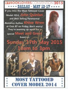 Most Tattooed Cover Model 2014 John Quinlan & Best Selling Paranormal Romance Author Khloe Wren Club RT Dallas, TX Meet and Greet on Sunday May 17, 2015 10am to 3pm Signed 8x10 #JohnQuinlan